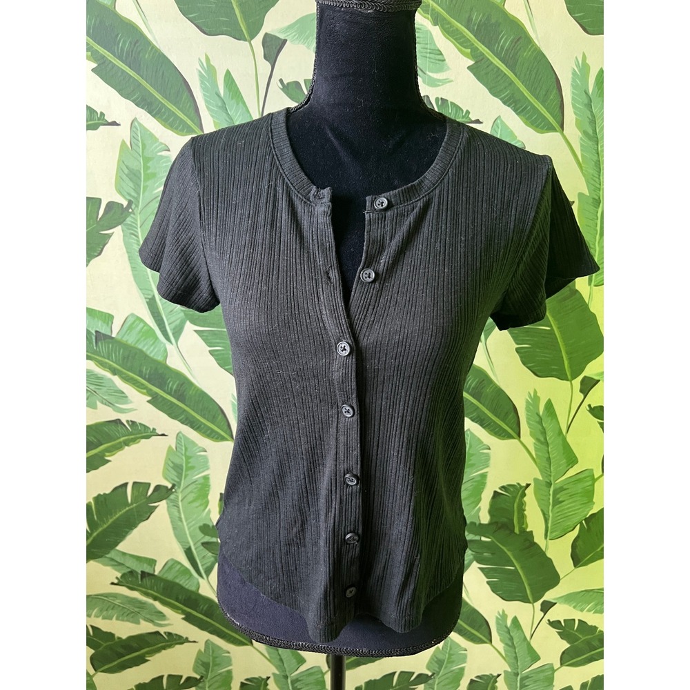 Madewell Pointelle Button Front Slim Tee Women Small Black